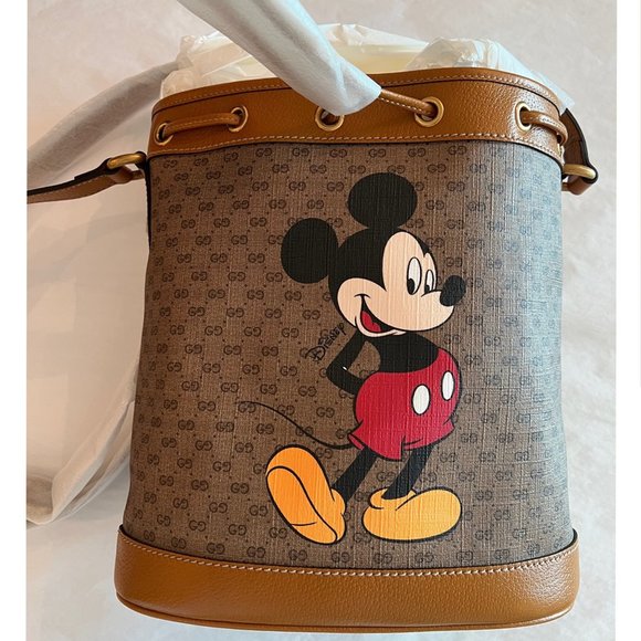 GUCCI GG Disney X Mickey Mouse Print Bucket Leather Tan Brown Italy Bag Mini NEW - Picture 12 of 16